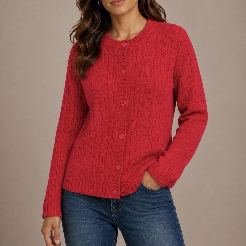 LL Bean Red Cable Knit Cotton Button Up Cardigan Sweater Size XL